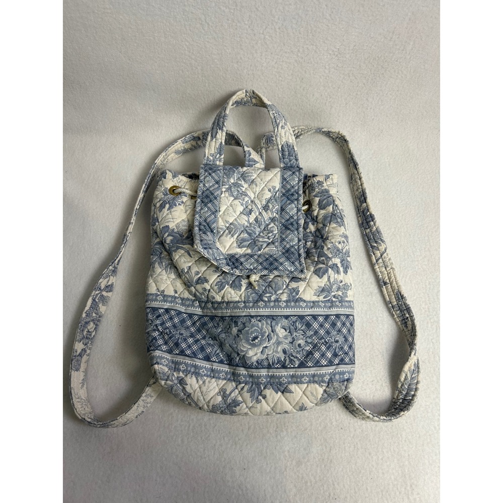 Cottagecore Coastal Vera Bradley Womens Blue Floral Quilted Drawstring Backpack